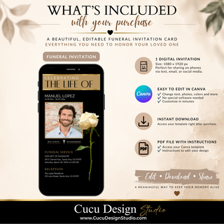 Promotional graphic for a digital Canva funeral invitation template, showing a phone mockup with the invitation design and text detailing what is included: 1 digital invitation, editable in Canva, instant download, and PDF file with instructions.