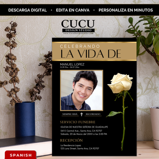 Invitación de funeral elegante negra y dorada tamaño 5x7, plantilla editable en Canva con rosa blanca y foto, descarga digital instantánea, diseño memorial moderno para celebrar la vida / Elegant black and gold funeral invitation 5x7, editable Canva template with white rose and photo, instant download, modern memorial design for celebration of life