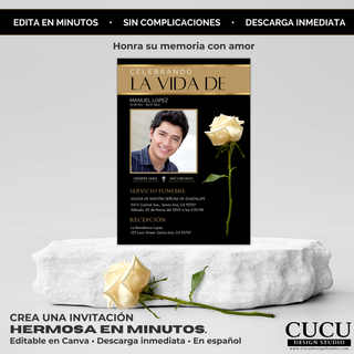 Invitación de funeral editable en Canva en colores negro y dorado con rosa blanca, diseño elegante para celebración de vida, descarga inmediata, fácil de personalizar en minutos / Editable Canva funeral invitation in black and gold with white rose, elegant celebration of life design, instant download, easy to customize in minutes