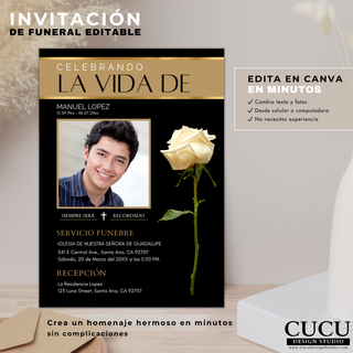 Plantilla de invitación de funeral en español editable en Canva, cambia texto y fotos fácilmente, compatible con celular y computadora, diseño elegante negro y dorado con descarga digital / Spanish editable funeral invitation template in Canva, easily change text and photos, works on phone and computer, elegant black and gold digital download design