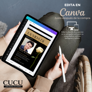 Invitación de funeral editable en Canva mostrada en tablet, personalización fácil después de la compra, diseño negro y dorado elegante, plantilla digital para imprimir o compartir / Funeral invitation editable in Canva shown on tablet, easy customization after purchase, elegant black and gold design, digital template to print or share