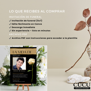 Incluye invitación de funeral 5x7 editable en Canva, descarga digital instantánea, archivo PDF con instrucciones, diseño elegante listo en minutos sin experiencia / Includes 5x7 funeral invitation editable in Canva, instant digital download, PDF with instructions, elegant design ready in minutes no experience needed
