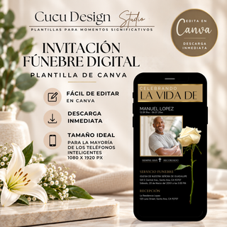 Plantilla de invitación fúnebre digital editable en Canva, formato móvil 1080 x 1920 px, con diseño negro y dorado, fotografía de un hombre y una rosa blanca.