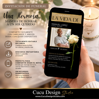 Invitación de funeral digital en formato móvil, con diseño negro y dorado, fotografía de un hombre, rosa blanca y detalles para servicio funerario y recepción.