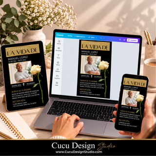 Plantilla de invitación fúnebre digital mostrada en computadora portátil, tableta y teléfono, editable en Canva y diseñada para compartir desde cualquier dispositivo.