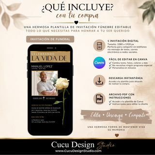 Qué incluye la plantilla de invitación fúnebre digital: diseño editable en Canva, invitación de 1080 x 1920 px, descarga instantánea y archivo PDF con instrucciones.
