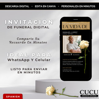 Invitación funeral digital elegante en negro y dorado con rosa blanca editable en Canva, diseño para celular listo para enviar por WhatsApp / Elegant black and gold digital funeral invitation with white rose, Canva editable mobile design ready to send via WhatsApp
