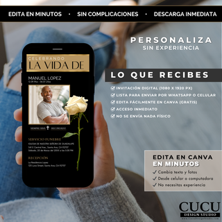 Plantilla invitación funeral para smartphone con diseño moderno, fácil de editar en Canva y compartir al instante con familia / Funeral invitation template for smartphone with modern design, easy to edit in Canva and instantly share with family