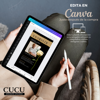 Edición de invitación funeral en Canva desde tablet, personalización rápida de texto, fotos y detalles del servicio / Editing funeral invitation in Canva on tablet, quick customization of text, photos and service details