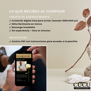 Contenido incluido plantilla funeral digital con invitación lista para enviar y archivo PDF con instrucciones de acceso / Included content digital funeral template with ready-to-send invitation and PDF instructions for access