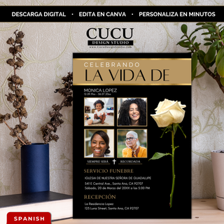 Invitación de funeral con collage de fotos en negro y dorado con rosa blanca, plantilla editable en Canva tamaño 5x7, descarga digital en español / Funeral invitation collage design in black and gold with white rose, editable Canva template 5x7, instant digital download in Spanish