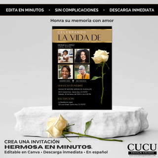 Plantilla de invitación funeral con múltiples fotos estilo collage, diseño elegante negro dorado, editable en Canva, fácil de personalizar / Funeral invitation template with multiple photo collage layout, elegant black gold design, editable in Canva, easy to customize