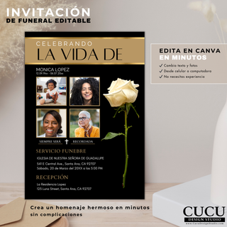 Invitación funeral editable en Canva con múltiples fotos, cambia texto fácilmente, descarga instantánea, diseño elegante memorial / Editable Canva funeral invitation with multiple photos, easy text editing, instant download, elegant memorial design