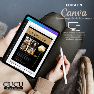 Plantilla de invitación de funeral editable en Canva mostrada en tablet, diseño elegante negro y dorado con collage de fotos y rosa blanca, fácil de personalizar desde celular o computadora, descarga digital inmediata / Editable funeral invitation template in Canva displayed on tablet, elegant black and gold design with photo collage and white rose, easy to customize on phone or computer, instant digital download