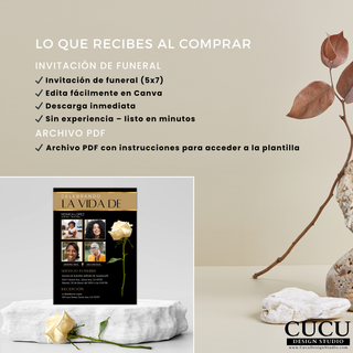 Incluye invitación funeral 5x7 editable en Canva con collage de fotos, descarga digital y archivo PDF con instrucciones / Includes 5x7 funeral invitation editable in Canva with photo collage, digital download and PDF instructions