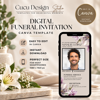 Digital funeral invitation Canva template shown on a smartphone mockup with floral decor in the background. Text reads 'Cucu Design Studio', 'Digital Funeral Invitation', and 'Canva Template', with features like easy to edit, instant download, and perfect size for most smartphones.