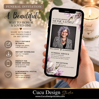 A hand holds a smartphone displaying a floral funeral invitation design for Monica Lopez, with marketing text on the left and a blurred candlelit background. The invitation includes lavender and purple floral artwork, black serif typography, and memorial details.