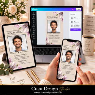 Digital memorial service invitation templates displayed on a laptop, tablet, and smartphone, held by hands over a styled desk with a mug, notebook, and flowers. The brand name 'Cucu Design Studio' is visible at the bottom.