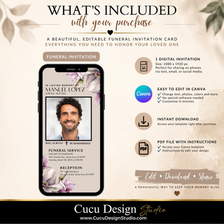 Promotional graphic for a digital Canva funeral invitation template, showing a phone mockup with the invitation design and text listing included features such as editable text, colors, and instructions. Branding for Cucu Design Studio is visible at the bottom.