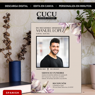 Invitación de funeral elegante con flores rosadas y fondo beige, plantilla editable en Canva con foto del ser querido, diseño memorial sofisticado tamaño 5x7, descarga digital inmediata para crear homenaje con amor / Elegant funeral invitation template with soft pink flowers and beige background, editable Canva memorial design with photo, 5x7 size, instant digital download for meaningful tribute