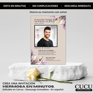 Invitación de funeral minimalista con flores delicadas y diseño elegante, plantilla Canva editable en minutos, tarjeta memorial moderna con descarga instantánea, perfecta para servicios funerarios en español / Minimalist funeral invitation with soft floral design, editable Canva template, modern memorial card with instant download, ideal for Spanish funeral services