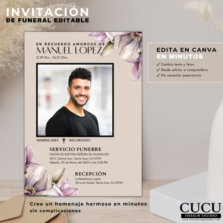 Plantilla de invitación de funeral editable en Canva, cambia texto y fotos fácilmente desde celular o computadora, diseño elegante con flores suaves, descarga digital instantánea sin experiencia necesaria / Editable funeral invitation template in Canva, customize text and photos easily on phone or computer, elegant floral design, instant download no experience needed