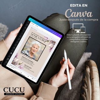 Invitación de funeral en Canva mostrada en tablet, plantilla editable fácil de usar con foto personalizada, diseño floral elegante para homenaje, acceso inmediato después de la compra / Funeral invitation Canva template shown on tablet, easy to edit with custom photo, elegant floral memorial design, instant access after purchase