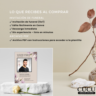 Plantilla de invitación de funeral 5x7 editable en Canva, incluye archivo PDF con instrucciones, descarga inmediata, diseño elegante con flores suaves para crear homenaje personalizado / Funeral invitation template 5x7 editable in Canva, includes PDF instructions, instant download, elegant soft floral design for personalized memorial