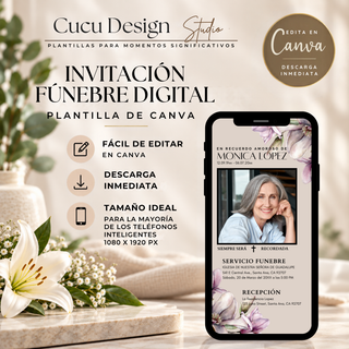 Invitación fúnebre digital editable en Canva con diseño elegante de flores en tonos rosados, fotografía  y detalles del servicio funerario y recepción.