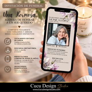 Invitación fúnebre digital en formato móvil mostrada en un teléfono, con fotografía , flores rosadas y detalles del servicio funerario. Diseño editable en Canva.