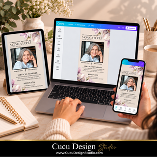 Plantilla de invitación fúnebre digital mostrada en tablet, laptop y teléfono, con diseño floral elegante, fotografía  y texto editable en Canva.