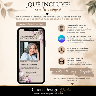 Qué incluye la invitación fúnebre digital: plantilla editable en Canva de 1080 x 1920 px, descarga instantánea, archivo PDF con instrucciones y diseño para compartir en dispositivos móviles.