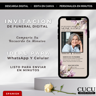Invitación digital de funeral elegante en celular con diseño floral beige y foto personalizada / Elegant digital funeral invitation displayed on smartphone with beige floral design and custom photo