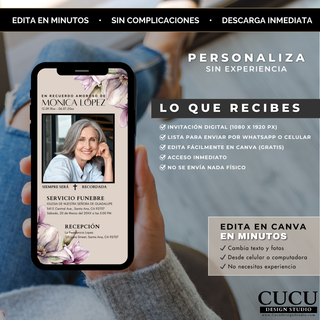 Plantilla de invitación funeraria editable mostrando vista en celular y beneficios del producto / Editable funeral invitation template shown on smartphone with product features and benefits