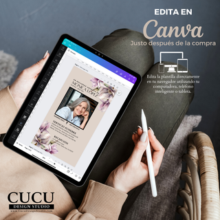 Ejemplo de edición en Canva desde tablet mostrando personalización fácil de invitación funeral / Canva editing view on tablet showing easy customization of funeral invitation template