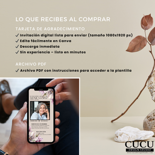 Detalles de lo que incluye la invitación digital funeral con lista de características / Product details showing what’s included in digital funeral invitation template