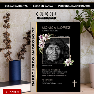 Invitación de funeral elegante en negro con flores delicadas y foto en blanco y negro, plantilla editable en Canva, diseño moderno y respetuoso para honrar la memoria de un ser querido, descarga digital instantánea / Elegant black funeral invitation with delicate floral accents and black and white photo, editable Canva template, modern respectful memorial design, instant digital download