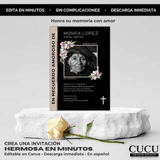 Invitación de funeral minimalista presentada sobre base con rosa blanca, diseño elegante en tonos negro y beige, ideal para servicios conmemorativos, plantilla Canva editable fácil de usar / Minimalist funeral invitation displayed on pedestal with white rose, elegant black and beige design, perfect for memorial services, easy to edit Canva template