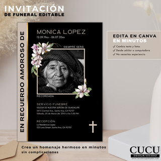 Invitación de funeral editable en Canva, diseño floral elegante con foto personalizada, incluye detalles del servicio fúnebre, fácil de editar desde celular o computadora / Editable funeral invitation in Canva, elegant floral design with custom photo, includes funeral service details, easy to edit on phone or computer