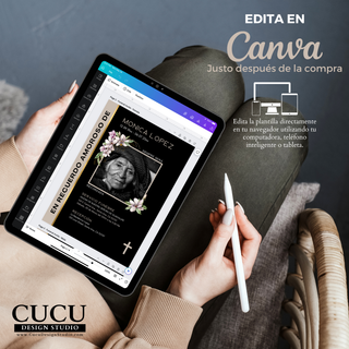 Plantilla de invitación de funeral editándose en Canva en tablet, personaliza texto y fotos fácilmente, descarga inmediata después de la compra, diseño profesional / Funeral invitation template being edited in Canva on tablet, easily customize text and photos, instant download after purchase, professional design