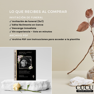 Lo que recibes al comprar plantilla de funeral: invitación 5x7 editable en Canva, descarga digital, archivo PDF con instrucciones, diseño listo en minutos sin experiencia / What you receive with funeral template purchase: 5x7 editable Canva invitation, digital download, PDF instructions, ready in minutes no experience needed