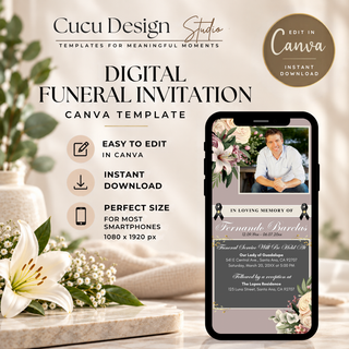 Digital product listing graphic for a Canva funeral invitation template. The image features a smartphone mockup displaying a floral memorial invitation design, set against a soft, warm background with white lilies and green foliage.