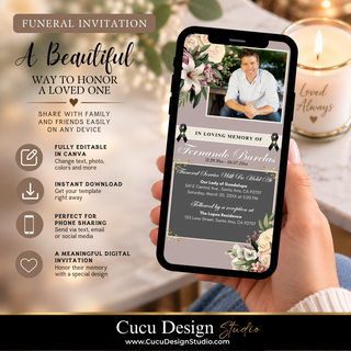 A promotional graphic for a digital funeral invitation template. A hand holds a smartphone showing the invitation design, with a memorial eulogy layout featuring floral accents and a photo of a man.