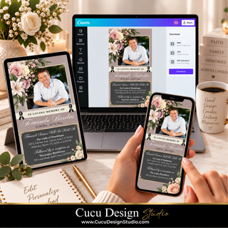 A digital memorial invitation template shown on a laptop, tablet, and smartphone held in a hand, with a mug reading 'Good Design Creates Lasting Memories' in the background. The template features a photo of a man surrounded by pink and white flowers on a dark background with elegant text.
