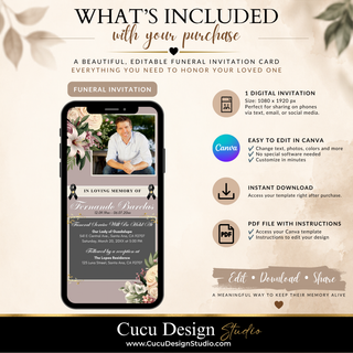 Promotional graphic for a digital Canva funeral invitation template, showing a phone mockup with the invitation design and text detailing what is included, Canva compatibility, and instant download options.