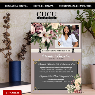 Invitación de funeral elegante con flores beige y rosas, plantilla editable en Canva con foto personalizada, diseño memorial sofisticado en tonos neutros, descarga digital inmediata / Elegant funeral invitation with beige and rose florals, editable Canva template with photo, neutral floral memorial design, instant download