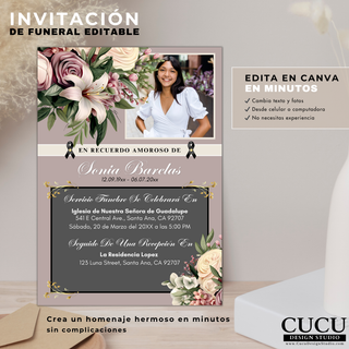 Plantilla de invitación de funeral editable en Canva con diseño floral elegante, personaliza texto y foto fácilmente, tarjeta memorial en español descarga digital / Editable funeral invitation Canva template with elegant floral design, customize text and photo easily, Spanish memorial card instant download