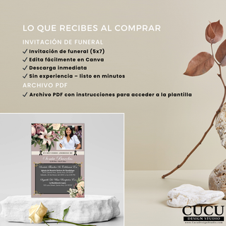 Qué incluye invitación de funeral editable en Canva, tarjeta memorial 5x7, descarga inmediata, archivo PDF con instrucciones, diseño elegante floral / What’s included funeral invitation Canva template, 5x7 memorial card, instant download, PDF instructions included, elegant floral design
