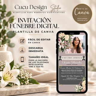 Plantilla de invitación fúnebre digital editable en Canva, mostrada en teléfono, tableta y computadora, con diseño floral elegante, foto  y detalles del servicio funerario.