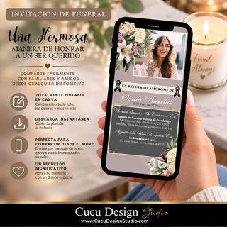 Invitación fúnebre digital en Canva mostrada en un teléfono móvil, con diseño floral en tonos rosa y gris, foto  y detalles del servicio funerario y recepción.
